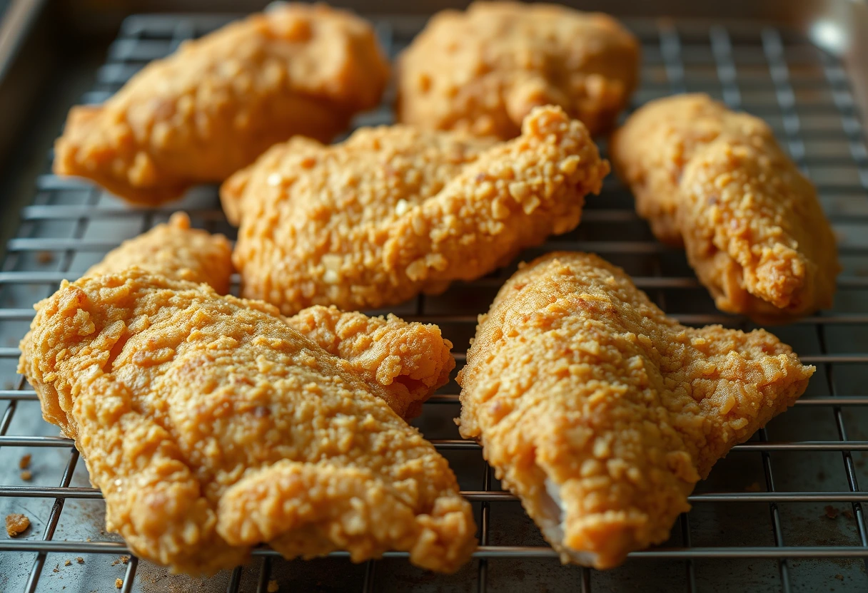 A close-up shot of perfectly golden-brown, crispy home-style fried chicken pieces on a cooling rack, showcasing the enticing texture. This represents successful family-friendly KFC recipes without the drive-thru.