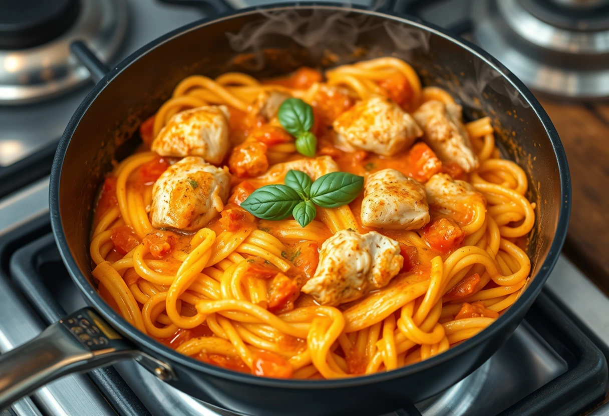 A vibrant, close-up shot of a steaming one-pan creamy tomato chicken pasta dish in a skillet, showcasing easy chicken recipes kids will actually eat.