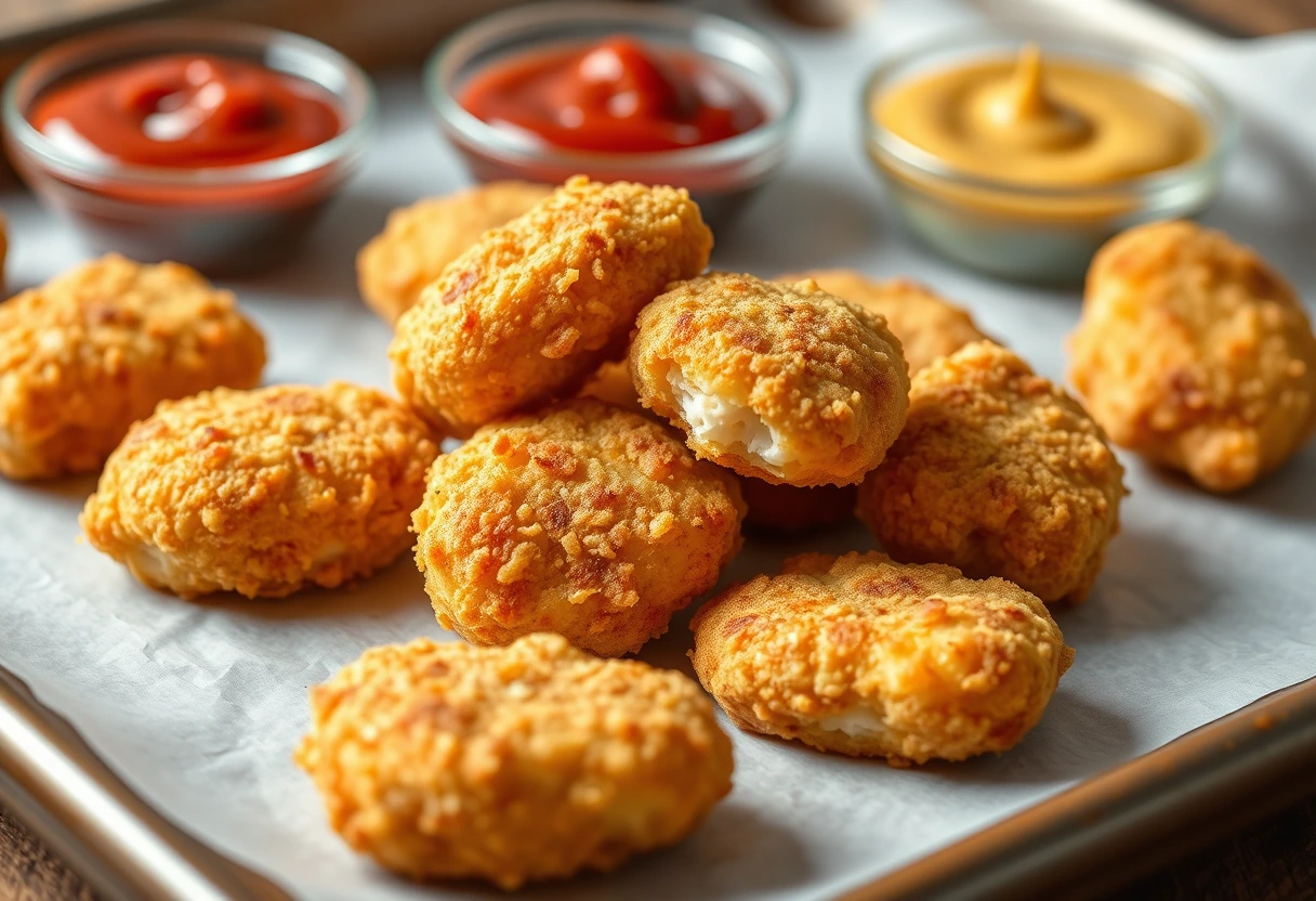 Close-up of golden, crispy homemade baked chicken nuggets on a baking sheet, showcasing how to make healthy and fast and easy chicken recipes kids actually eat.