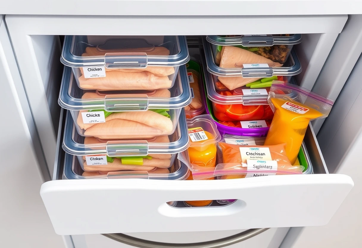 A well-organized freezer drawer filled with neatly stacked, labeled containers of frozen chicken and various ingredients, representing convenient fast and easy chicken recipes kids actually eat.
