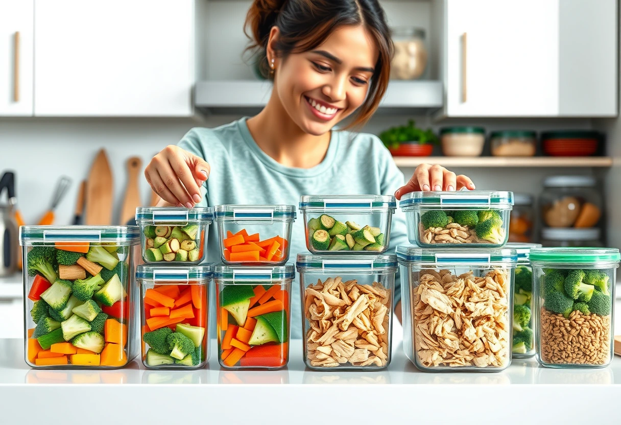 A busy young mother efficiently organizing prepped ingredients in airtight containers, showcasing a colorful array of chopped vegetables and cooked proteins for fast and easy dinners the whole family will love. The kitchen is clean and well-lit, emphasizing organization and preparation.