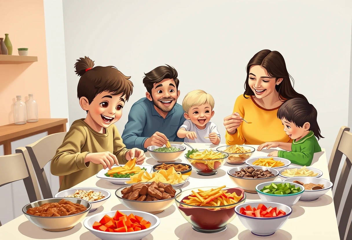 A child happily interacting with food during a family meal, with various customizable meal components like tacos or pasta on the table, reflecting kid-friendly and fast and easy dinners the whole family will love. The atmosphere is warm and inviting.