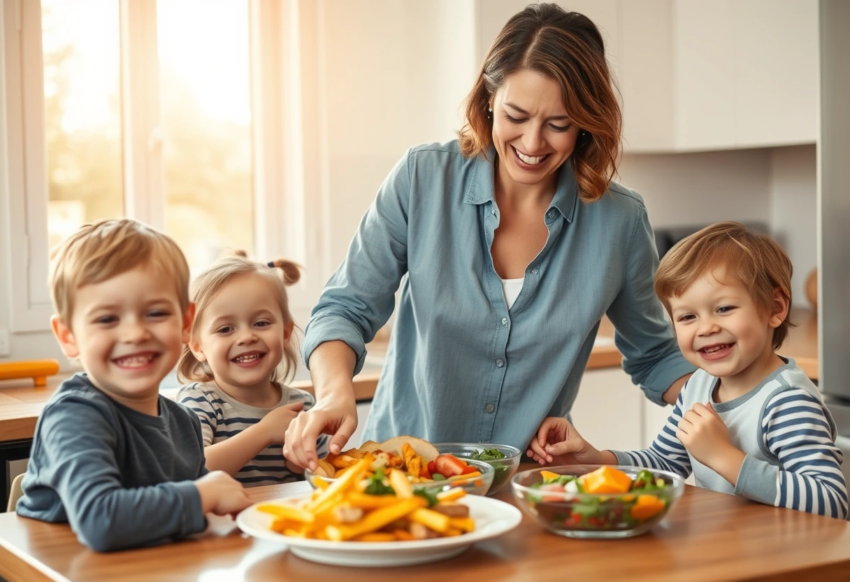 A tired but smiling mom in a modern, bright kitchen, effortlessly serving a simple, healthy meal to her happy children. The meal is colorful and visually appealing, symbolizing quick family dinners. Art style: photorealistic Palette: bright, warm colors Negative: clip-art, emoji, watermark, low-res, blurry, bad anatomy