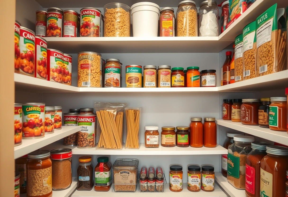 A well-organized pantry with shelves stocked with various canned goods, dried pasta, spices, and jars of sauces. The scene emphasizes effortless meal prep solutions and preparedness for creating fast and easy meals for moms who need a break. Art style: photorealistic Palette: natural, warm kitchen tones Negative: clip-art, emoji, watermark, low-res, blurry, bad anatomy