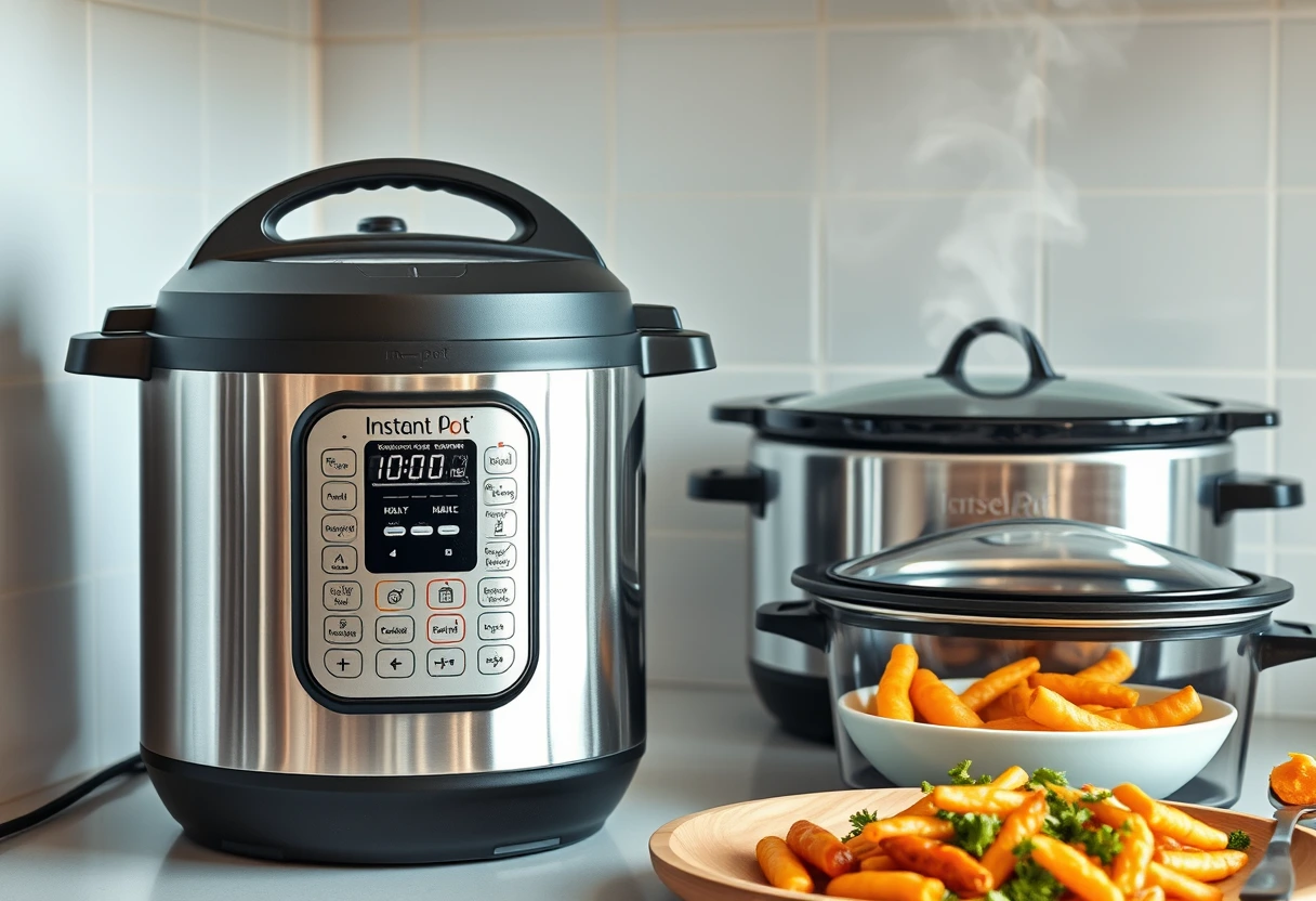 A modern kitchen counter with a gleaming Instant Pot and a slow cooker. Steam rises from the Instant Pot, suggesting a recently cooked, quick family dinner. The focus is on the convenience these appliances offer for fast and easy meals for moms who need a break. Art style: photorealistic Palette: cool, metallic tones with warm food accents Negative: clip-art, emoji, watermark, low-res, blurry, bad anatomy