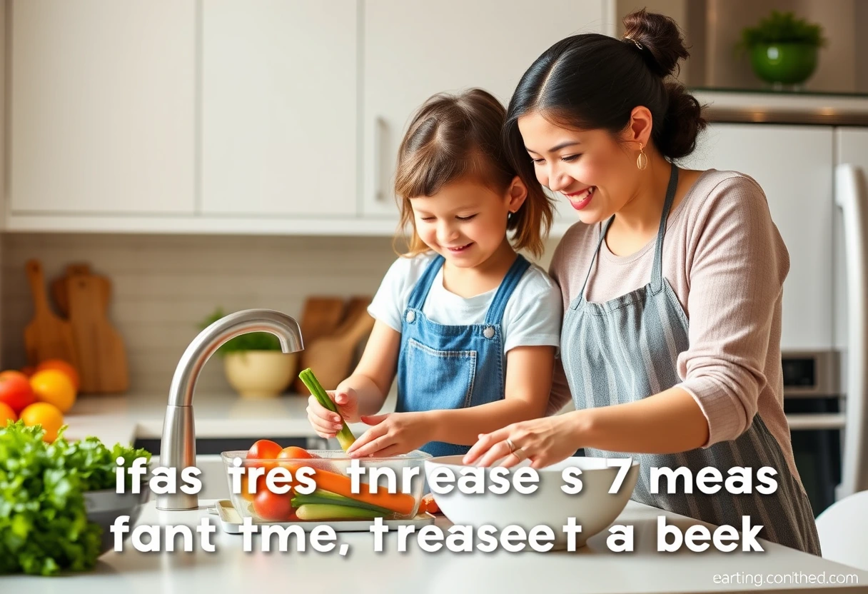 A mom and her young child happily cooking together in a bright, clean kitchen. The child is helping to wash vegetables, symbolizing family involvement and simplified kitchen routines. The scene promotes the idea of making fast and easy meals a collaborative and enjoyable process. Art style: photorealistic Palette: warm, inviting kitchen colors Negative: clip-art, emoji, watermark, low-res, blurry, bad anatomy