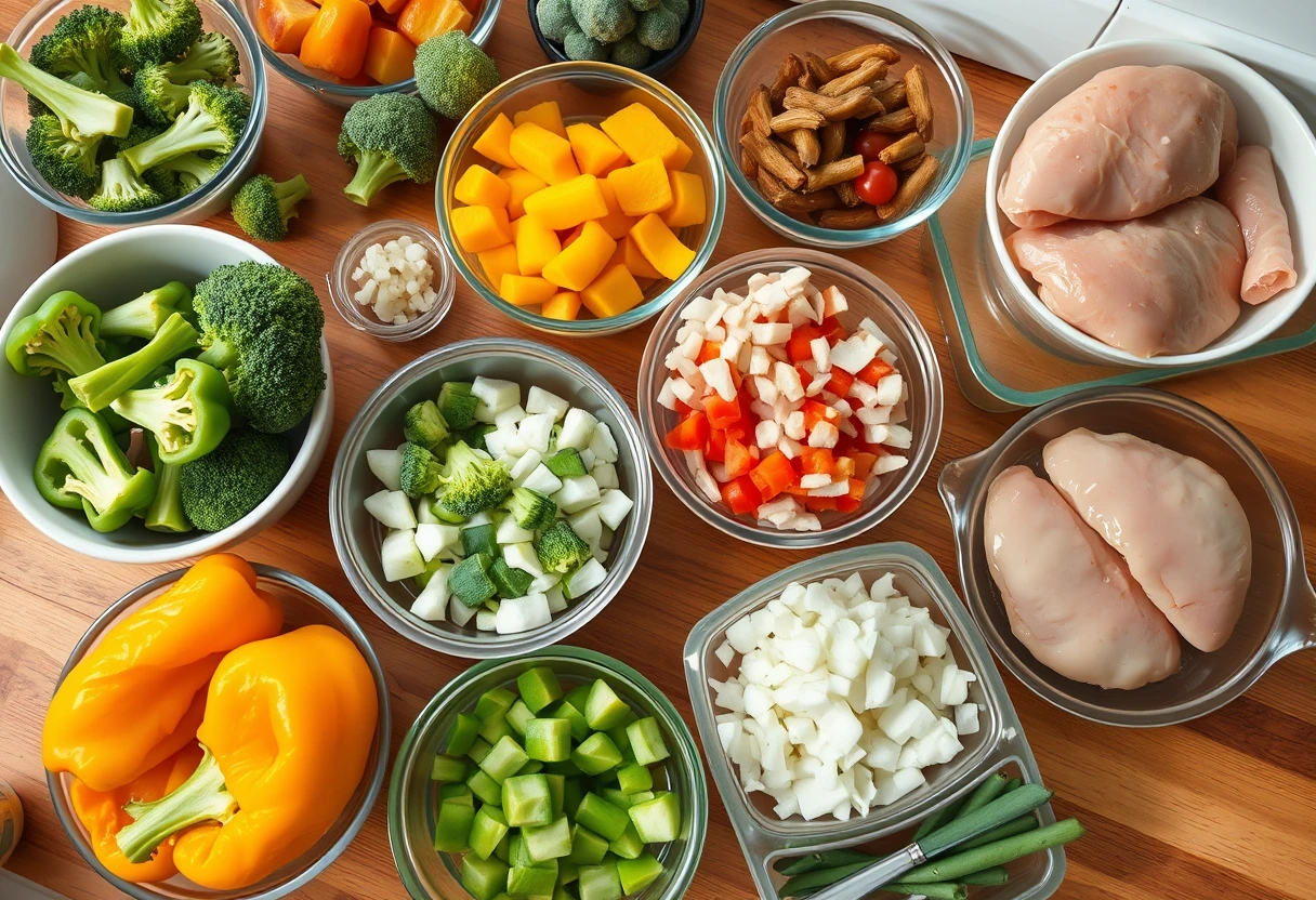 A close-up of various pre-cut vegetables and prepped ingredients neatly arranged in containers on a kitchen counter, ready for streamlined weekly food preparation.