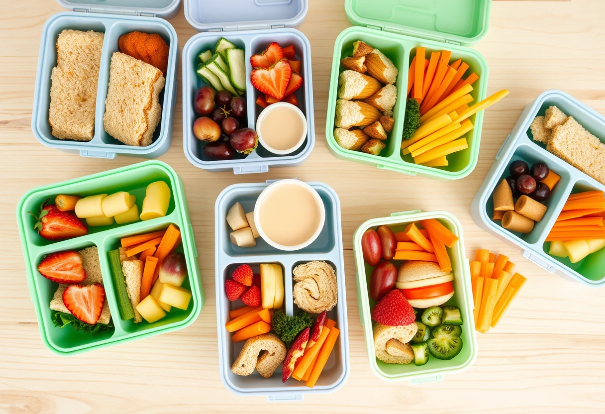 A vibrant and appetizing spread of kid-friendly bento boxes filled with colorful fruits, vegetables, mini sandwiches, and cheese, showcasing smart meal planning for families.