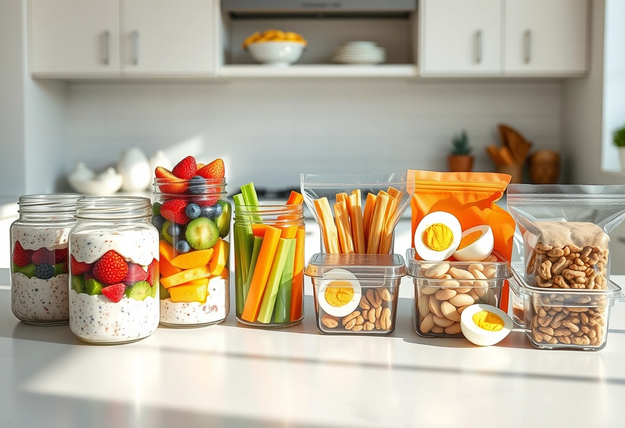 Assorted healthy breakfast items like overnight oats, fruit parfaits, and pre-portioned smoothie packs, alongside grab-and-go snacks like veggie sticks and hummus, ideal for time-saving breakfast and snack solutions for busy parents.