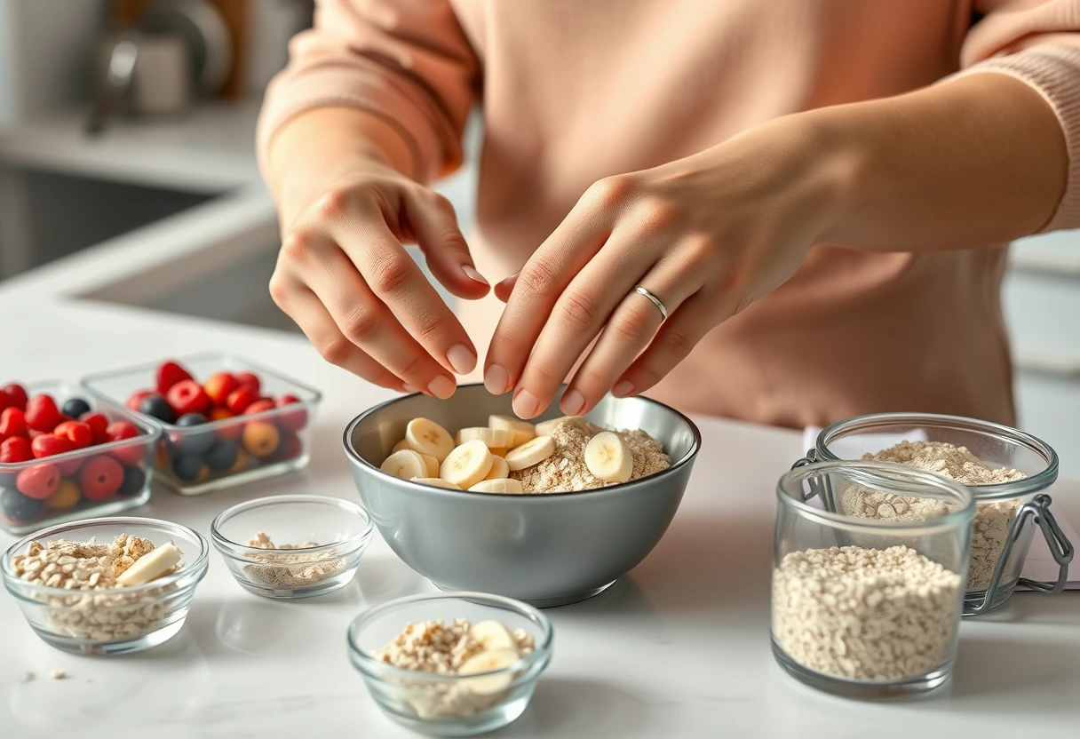 A busy mom confidently preparing a fast and filling family breakfast for her kids, with pre-chopped fruit and pre-mixed ingredients ready on the counter.