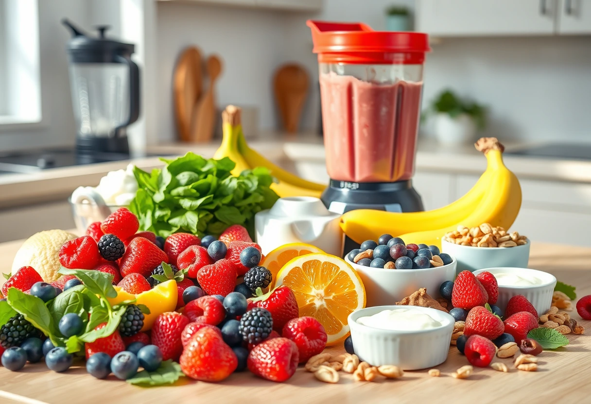 A colorful array of ingredients for fast and filling family breakfasts, including fresh fruits, yogurt, and nuts, ready to be blended into smoothies.