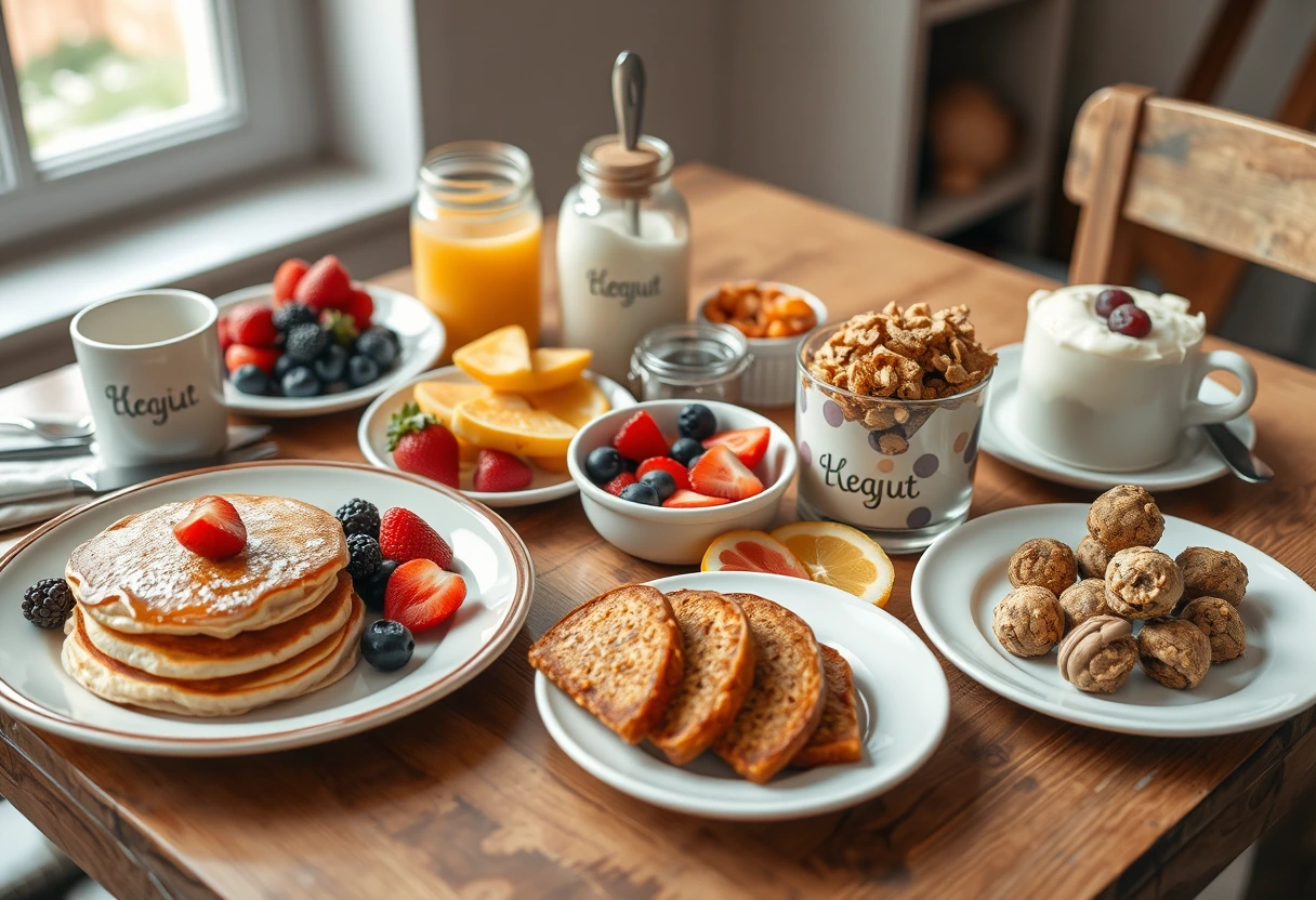 A diverse breakfast spread catering to various dietary needs, featuring gluten-free pancakes, dairy-free yogurt parfaits, and nut-free granola, all part of fast and filling family breakfasts.