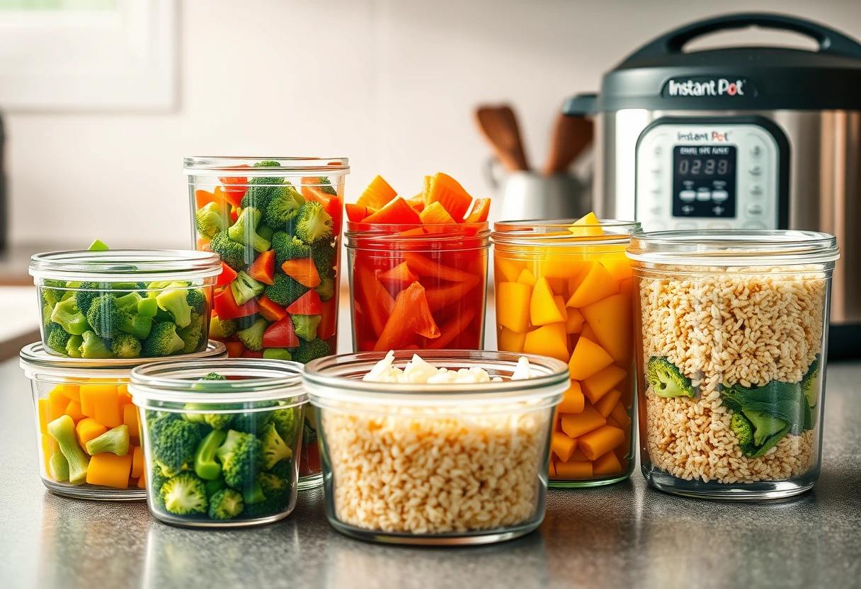 A diverse selection of pre-chopped vegetables and cooked grains stored in glass containers, ready for quick assembly into fast and frugal family meals for busy weeknights. The scene emphasizes organization and freshness.