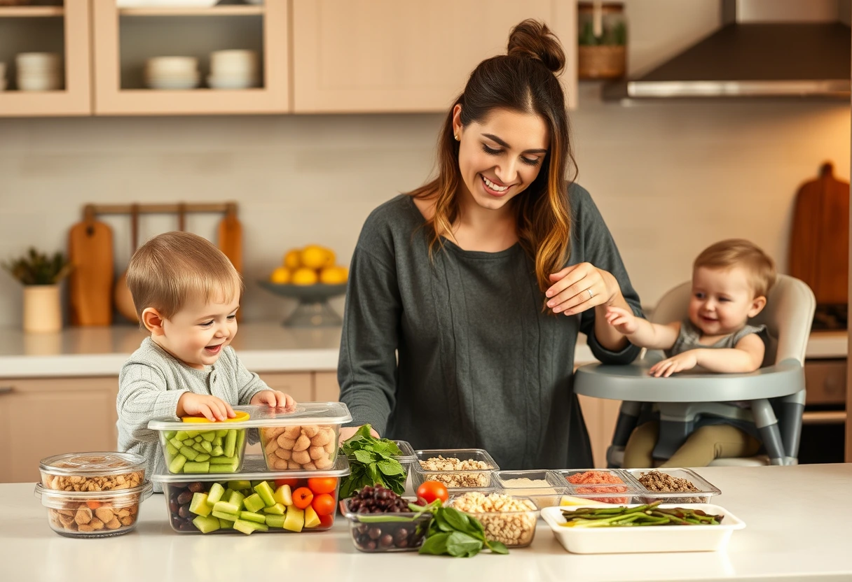 A busy young mother efficiently meal prepping various containers of fast and frugal meals inspired by Frugal Fit Mom in her organized kitchen, surrounded by fresh ingredients and a happy child playing nearby.