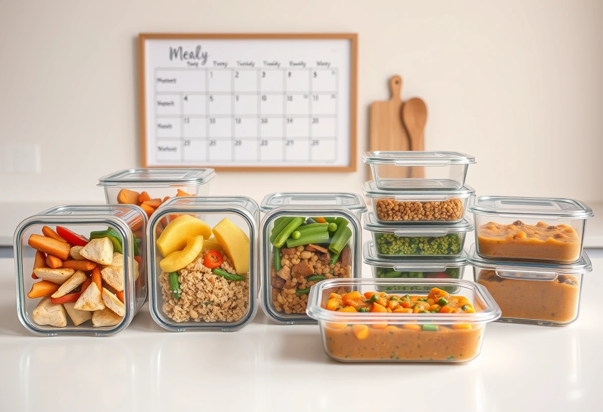 A colorful array of fast and frugal meals inspired by Frugal Fit Mom neatly packed into meal prep containers, ready for the week. The kitchen counter is clean and organized, with a calendar showing a simplified meal plan.