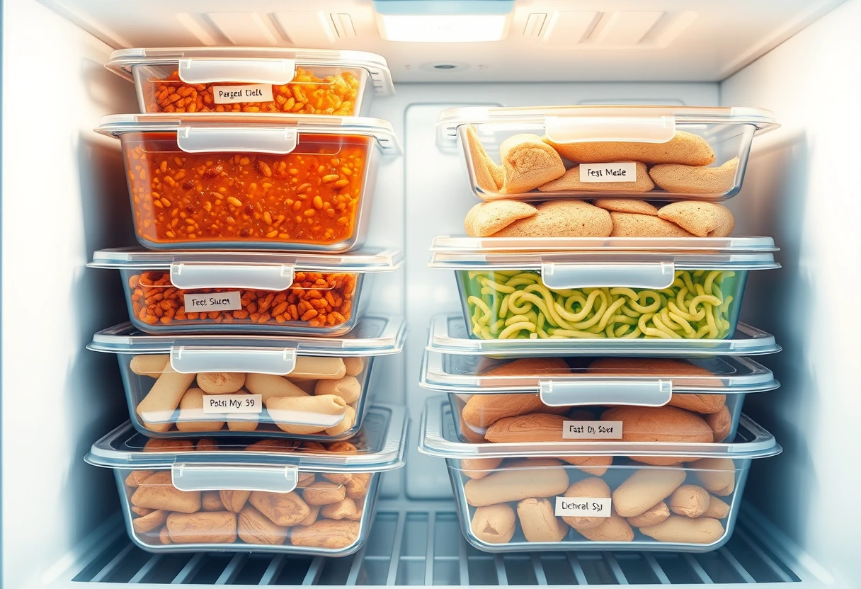 A variety of frozen fast and frugal meals inspired by Frugal Fit Mom neatly stacked in a freezer, labeled and dated for easy access. The freezer appears organized and well-stocked, ready for a busy mom's week.