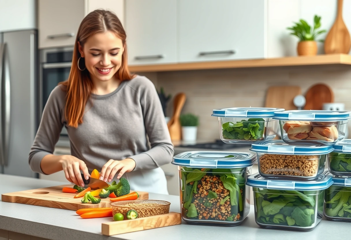 A busy young mother efficiently chopping vegetables and cooking large batches of healthy ingredients in a modern, well-organized kitchen, illustrating the concept of batch cooking for quick and healthy family meals.