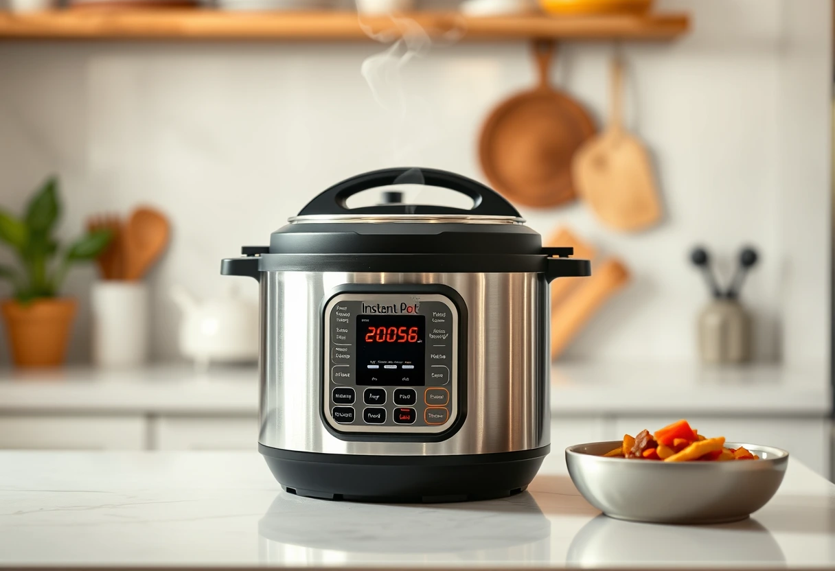 A modern Instant Pot displaying a 'Done' message, with steam rising from a delicious, healthy family meal being prepared inside, emphasizing quick and healthy cooking for busy households.