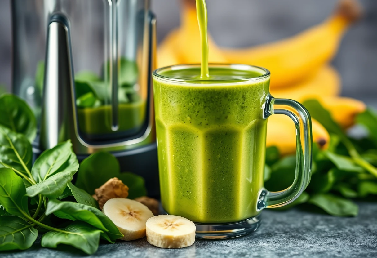 A vibrant green smoothie in a travel cup, with fresh spinach, banana, and a hint of ginger visible, representing fast and light breakfasts perfect for hectic mornings for busy moms.