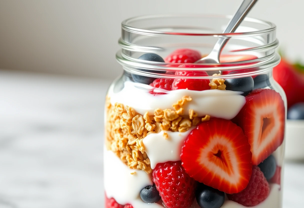 A beautifully layered yogurt parfait in a clear glass, showing vibrant layers of Greek yogurt, granola, and fresh berries, exemplifying fast and light breakfasts perfect for busy mornings.