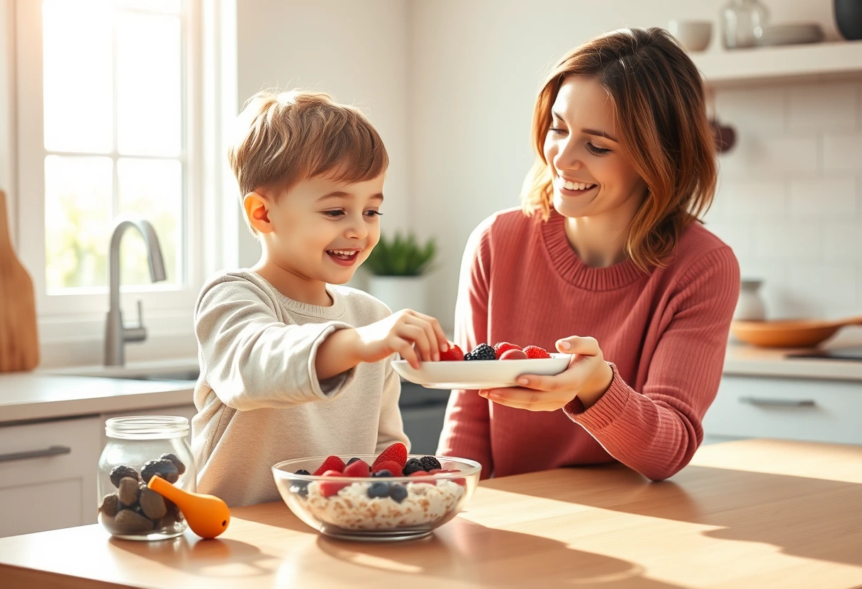 A young mother smiling while effortlessly serving a plate of pre-prepped overnight oats to her child at a sunlit kitchen island, highlighting the ease of stress-free morning breakfasts. 