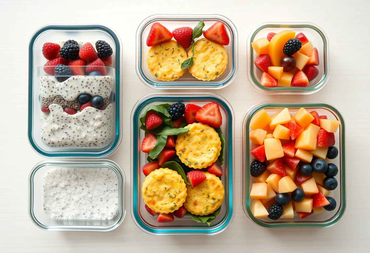 A neat arrangement of glass meal prep containers filled with various colorful breakfast options like overnight oats with berries, mini egg frittatas, and chopped fruit, all ready for efficient breakfast routines.