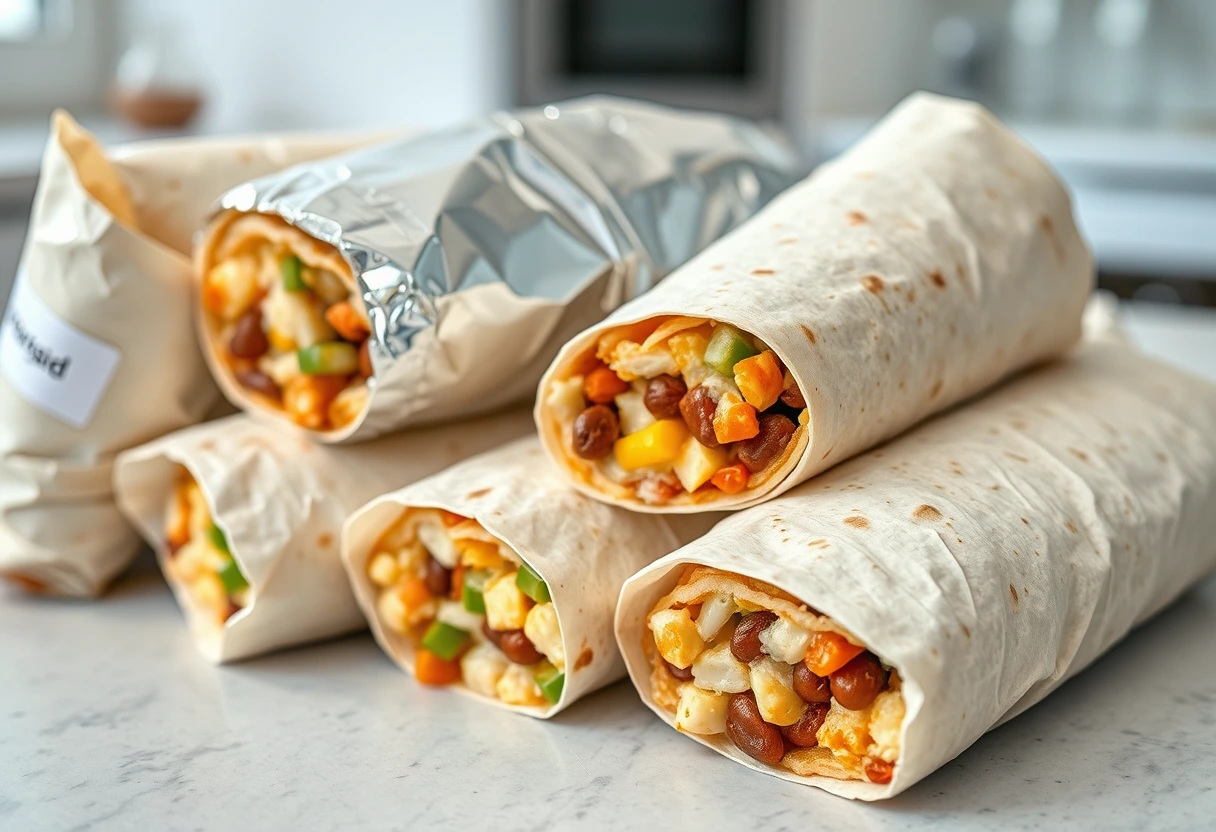 A close-up shot of several neatly wrapped and labelled breakfast burritos, some showing the savory fillings, organized in a freezer bag, representing ideal make-ahead breakfast recipes for a busy mom.