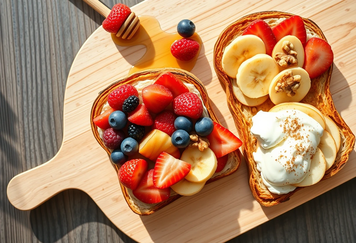 A beautifully arranged selection of vibrant sweet toasts, topped with colorful berries, sliced bananas, and a drizzle of honey, demonstrating delicious options for fast breakfast toasts that fuel your day.