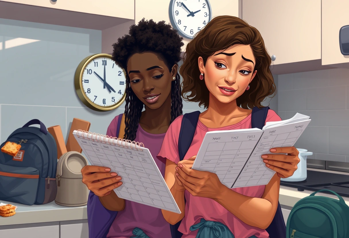 A busy mom efficiently chopping vegetables and preparing ingredients on a kitchen counter for various fast family dinners. Her children are playing happily in the background. The scene emphasizes an organized and stress-free approach to preparing weeknight dinners.