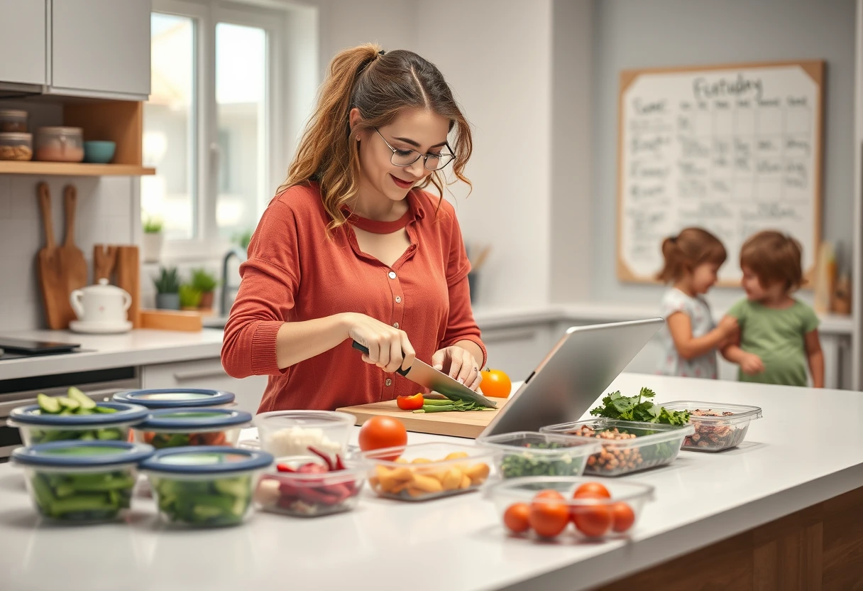 A family (mother and children) happily eating a quick sheet pan dinner around a kitchen island, showcasing the ease and joy of fast family dinners on a busy weeknight. The meal looks healthy and appealing.