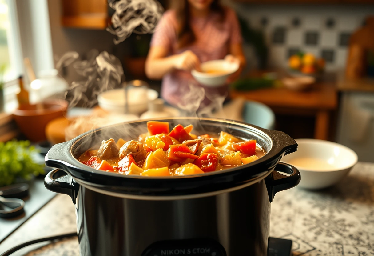 A vibrant family meal simmering in a slow cooker on a kitchen counter, ready to serve as a fast family dinner for solo moms.