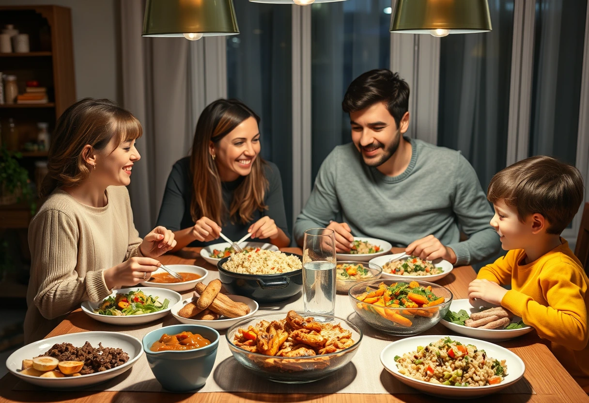 A family enjoying fast family dinners packed with protein around a well-lit dinner table, featuring colorful, healthy dishes like chicken stir-fry and quinoa salad.