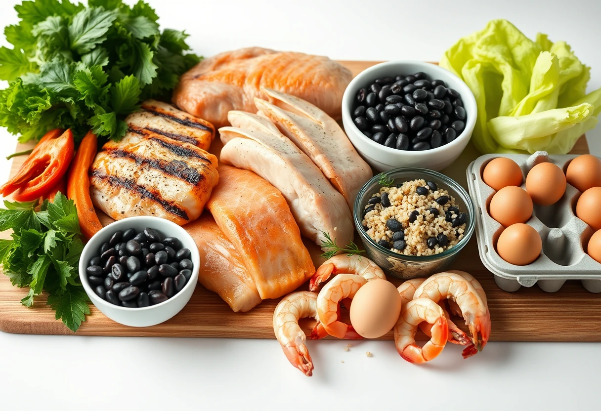 A vibrant display of diverse protein sources like grilled chicken, salmon fillets, black beans, and quinoa, ready for fast family dinners packed with protein.