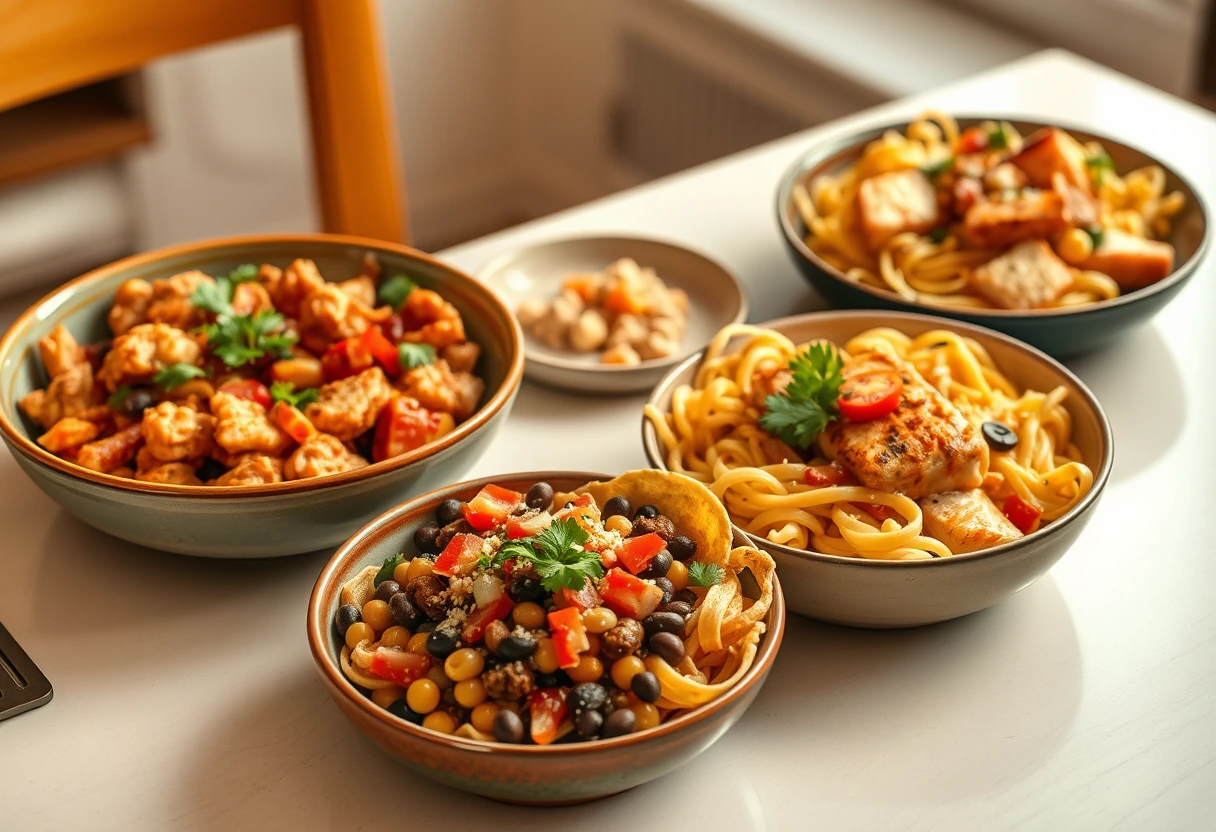 A vibrant table setting featuring three delicious fast family dinners packed with protein: a colorful chicken and veggie stir-fry, quick black bean and corn tacos, and a creamy salmon pasta dish.