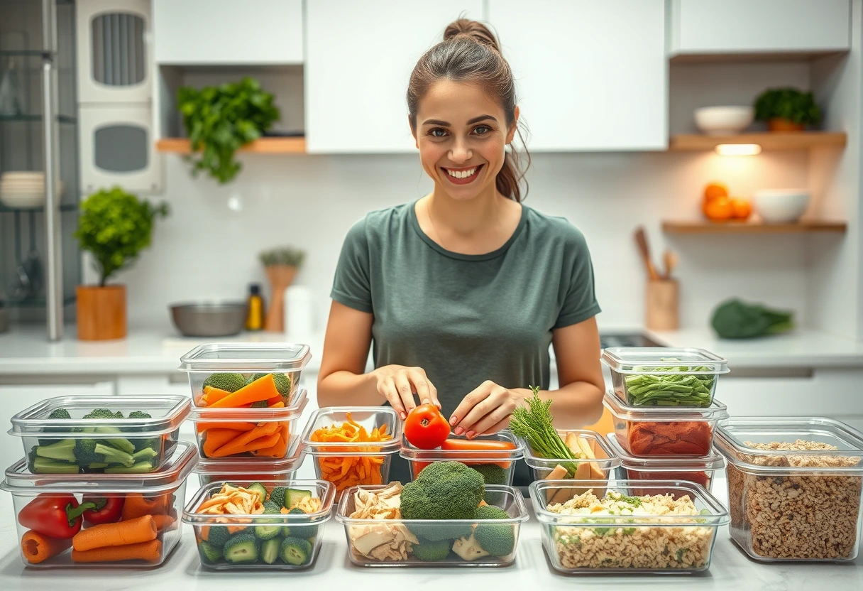 A busy young mother efficiently meal prepping in a clean, modern kitchen, surrounded by pre-chopped vegetables and portioned protein, symbolizing fast family dinners packed with protein.