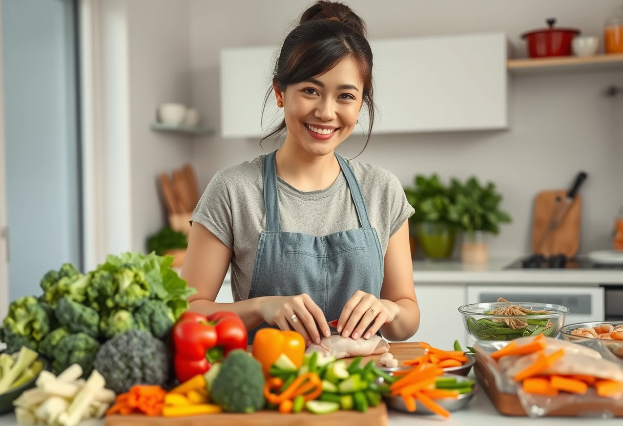 A busy young mother efficiently preparing wholesome ingredients in a modern, organized kitchen, featuring a colorful array of chopped vegetables and lean proteins ready for fast family meals packed with nutrition. The scene emphasizes efficient kitchen strategies.