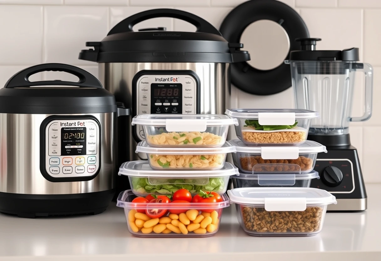 A collection of kitchen gadgets like an Instant Pot, slow cooker, and various meal prep containers, ready to help create fast family meals planned for your whole week.
