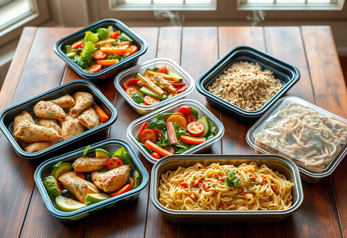 A variety of colorful prepped meal components and diverse family meal ideas laid out, showing how to create fast family meals planned for your whole week.