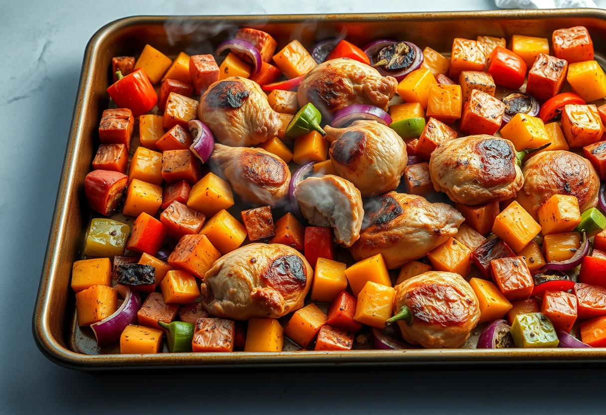 A vibrant, delicious sheet pan full of roasted chicken and colorful vegetables, perfectly cooked and ready to serve, representing the epitome of fast, flavorful meals every overwhelmed mom will love.