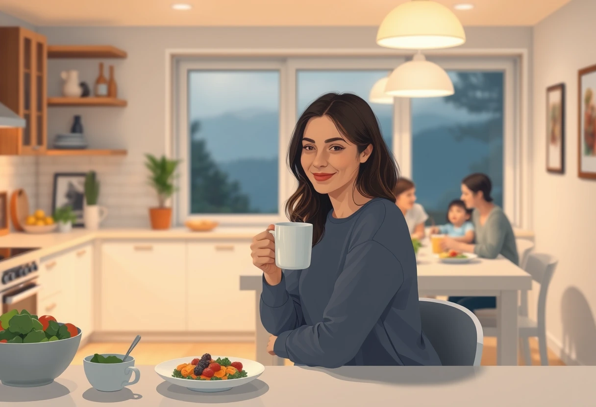 A busy mother enjoying a moment of calm, sipping tea while her family happily eats, illustrating the peace and satisfaction that comes from effortlessly serving fast, flavorful meals every overwhelmed mom will love.