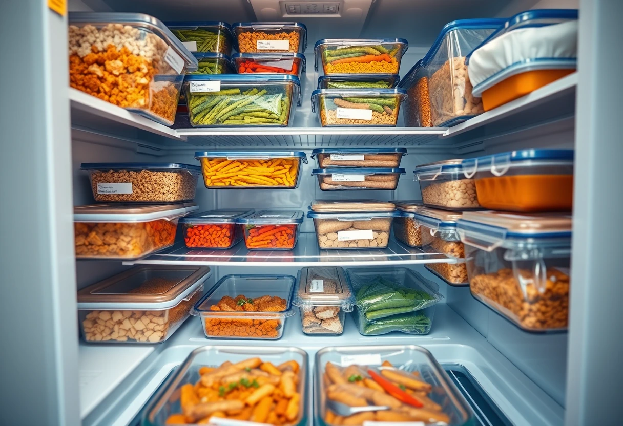 A busy new mom smiling as she effortlessly pulls a pre-prepared, nourishing freezer meal from her freezer, highlighting the convenience of grab-and-go freezer meals for new mothers.
