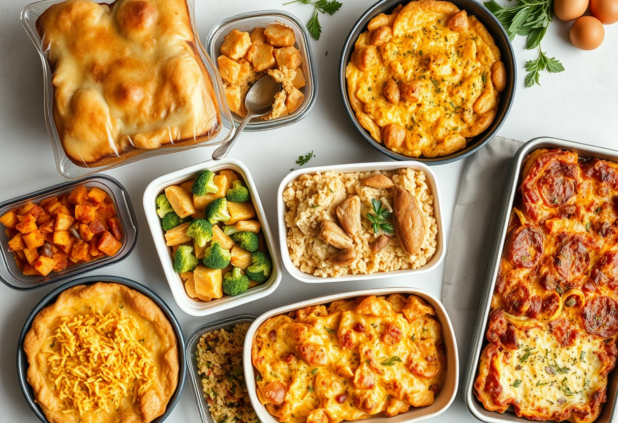 A variety of colorful, pre-packaged freezer-friendly recipes neatly stacked in a freezer, including casseroles and baked dishes, showcasing simple freezer meal ideas for new parents.