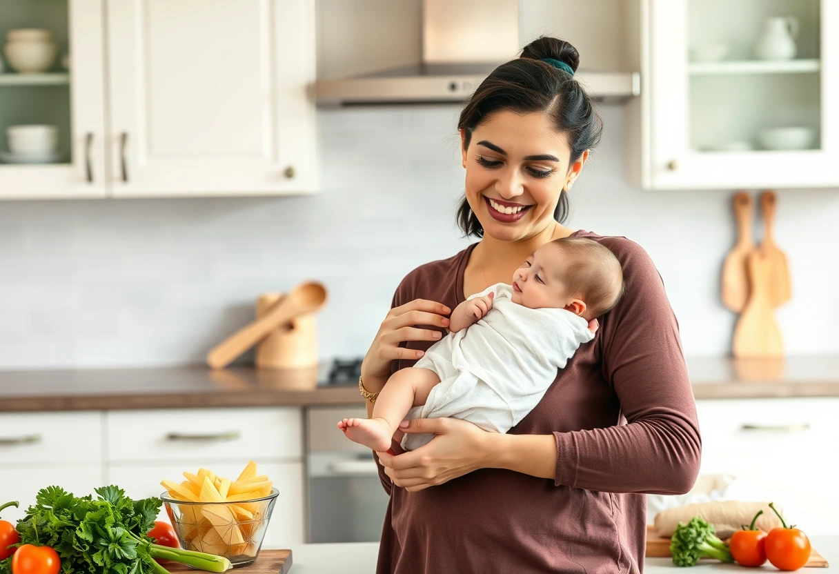 A new mom is smiling while holding her baby, surrounded by a clean, organized kitchen counter with fresh ingredients like gluten-free pasta, vegetables, and lean protein, suggesting easy meal preparation. The image focuses on the ease and joy of finding fast gluten-free meals for new moms and families.