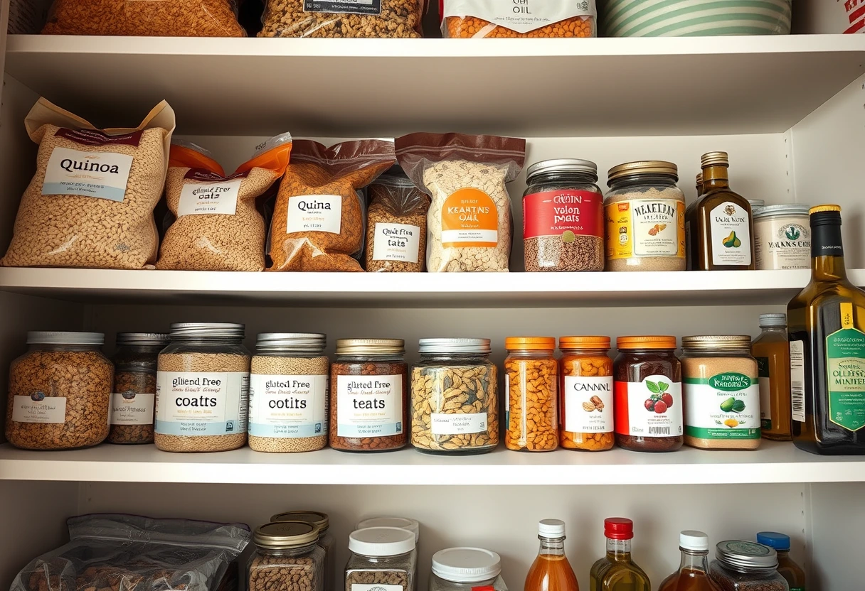 A well-organized pantry shelf stocked with various gluten-free grains (quinoa, brown rice), canned goods (beans, tomatoes), jars of nuts and seeds, and bottles of healthy oils, emphasizing the ease of preparing quick gluten-free meals for new moms and families.