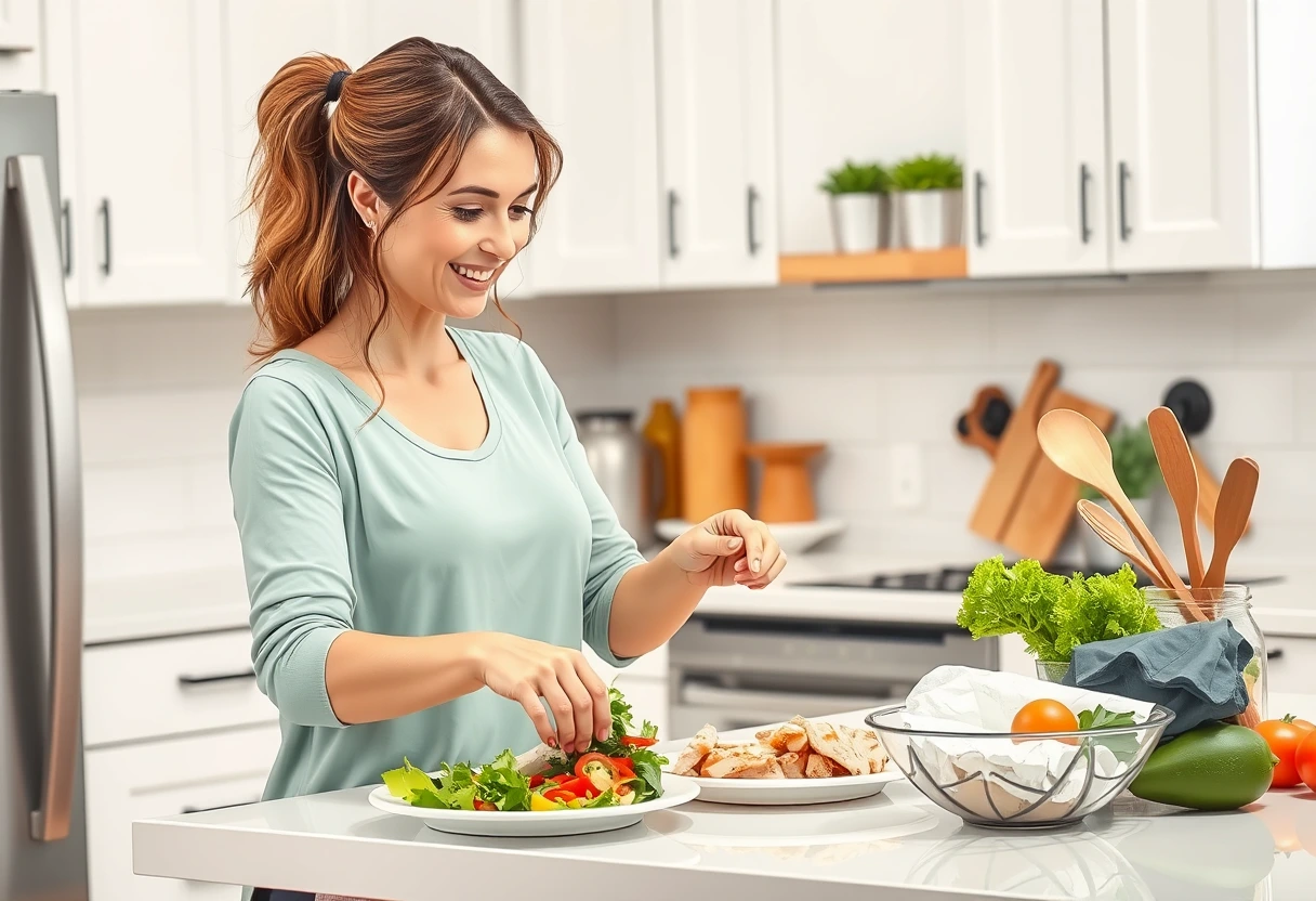 A busy new mom quickly assembling a gluten-free meal in her kitchen. She is smiling, perhaps multitasking. The focus is on quick, easy preparation of fast gluten-free meals for new moms and families, with a clear countertop and simple ingredients.