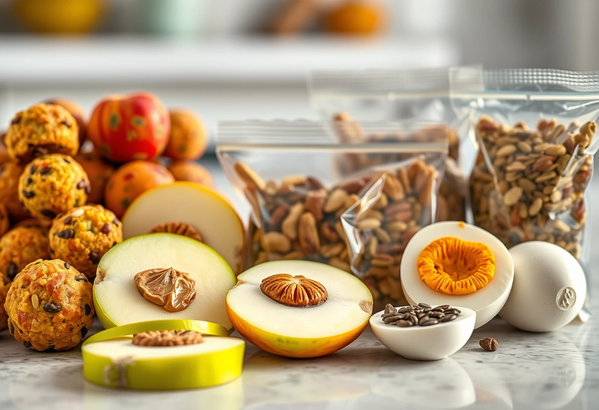 A close-up shot of an array of healthy gluten-free snacks, including energy bites, fruit slices with nut butter, and pre-portioned nuts and seeds, beautifully arranged on a countertop, ready for a new mom to grab. The image highlights quick and convenient fast gluten-free meals for new moms and families.