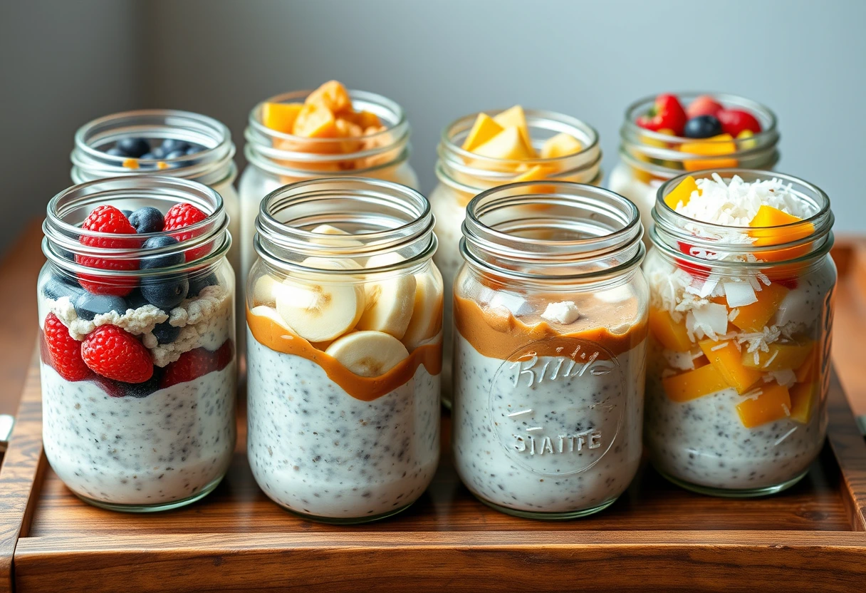 A collection of colorful overnight oats jars with various toppings like berries, nuts, and fruit, ready for quick grab-and-go breakfast enjoyment.