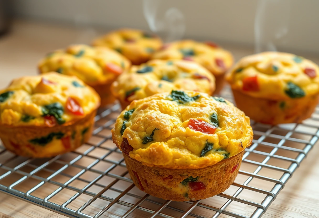 Close-up of golden brown egg muffins filled with colorful vegetables, cooling on a wire rack, ready to be stored for fast grab-and-go breakfast.