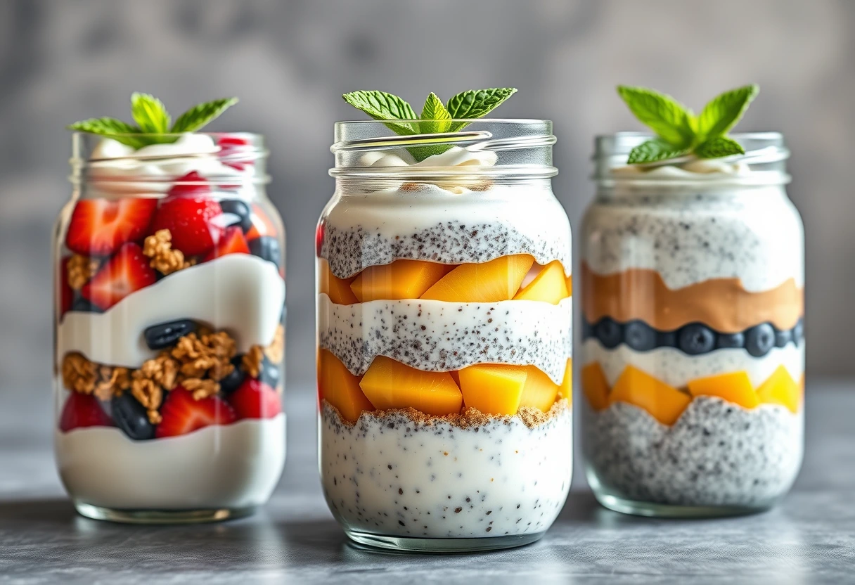 Clear glass jars filled with colorful layered yogurt parfaits and chia puddings, ready for convenient fast grab-and-go breakfast consumption.