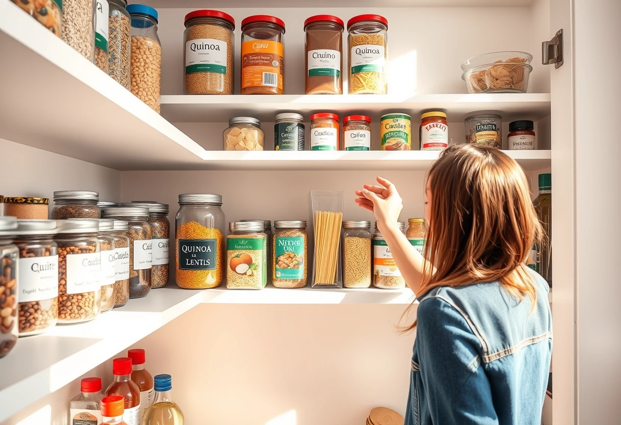 A busy mother quickly grabbing ingredients from a well-stocked, organized pantry for fast healthy meals for her busiest nights. Shelves are neatly filled with grains, canned goods, and various spices.